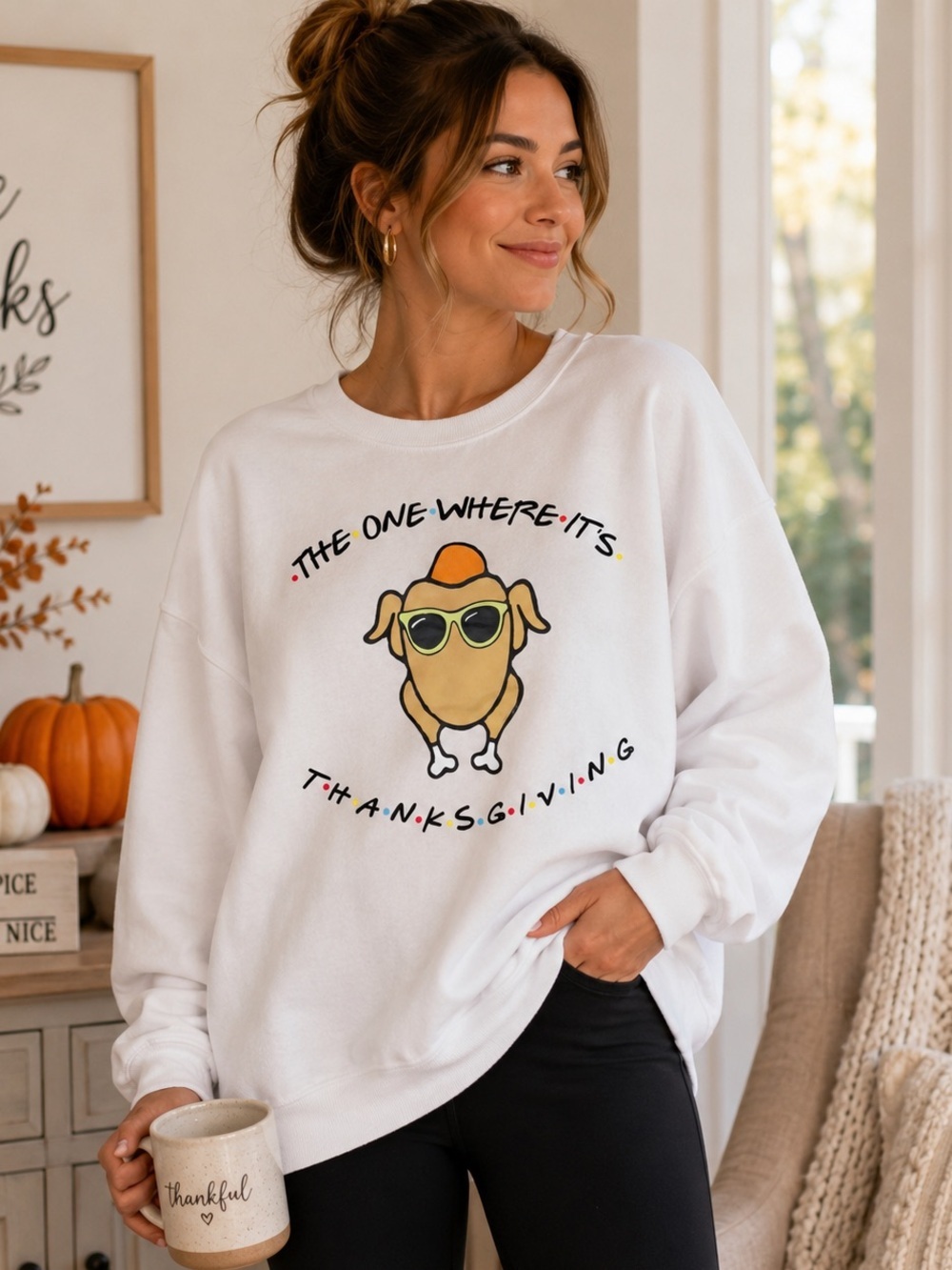Friends Thanksgiving Turkey Graphic Oversized Sweatshirt White NWT